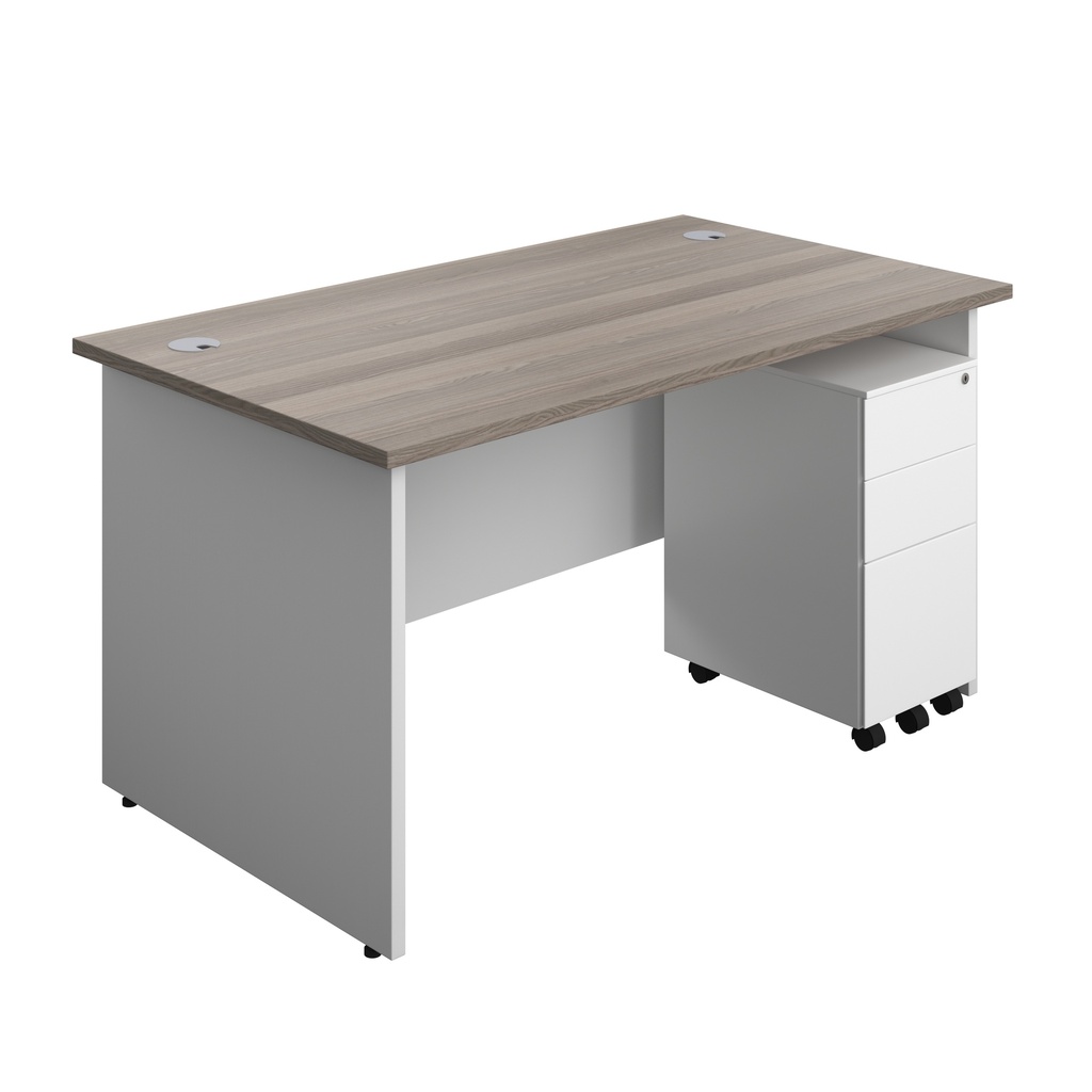 Panel Plus Rectangular Desk + 3 Drawer Slimline Steel Pedestal Bundle (FSC) | 1400X800 | Grey Oak/White | 