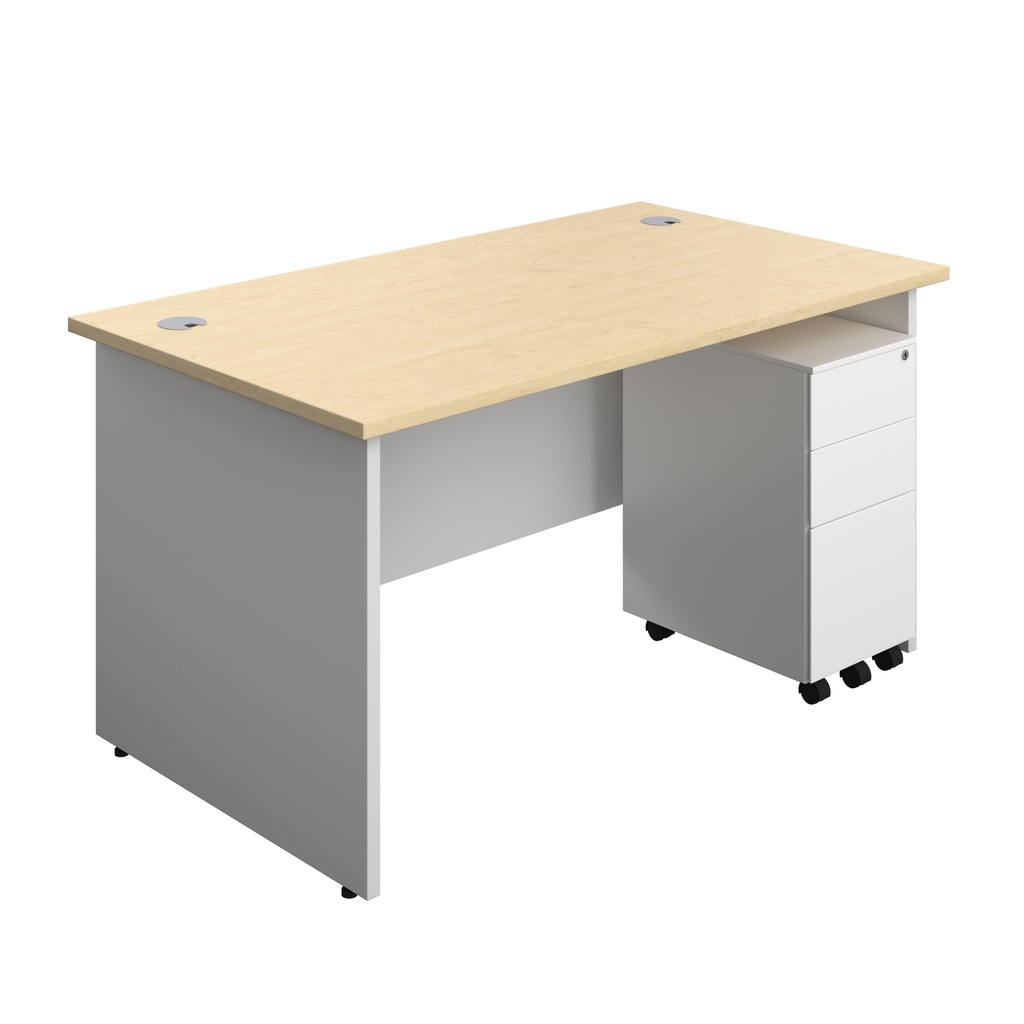 Panel Plus Rectangular Desk + 3 Drawer Slimline Steel Pedestal Bundle (FSC) | 1400X800 | Maple/White | 