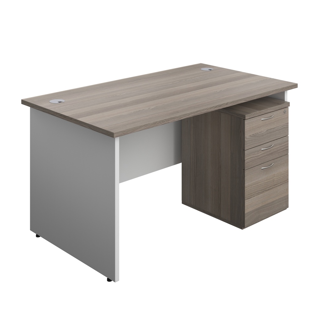 Panel Plus Rectangular Desk + 3 Drawer Under Desk Pedestal Bundle (FSC) | 1400X800 | Grey Oak/White | 