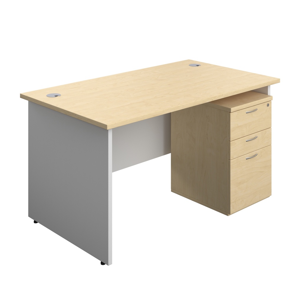 Panel Plus Rectangular Desk + 3 Drawer Under Desk Pedestal Bundle (FSC) | 1400X800 | Maple/White | 