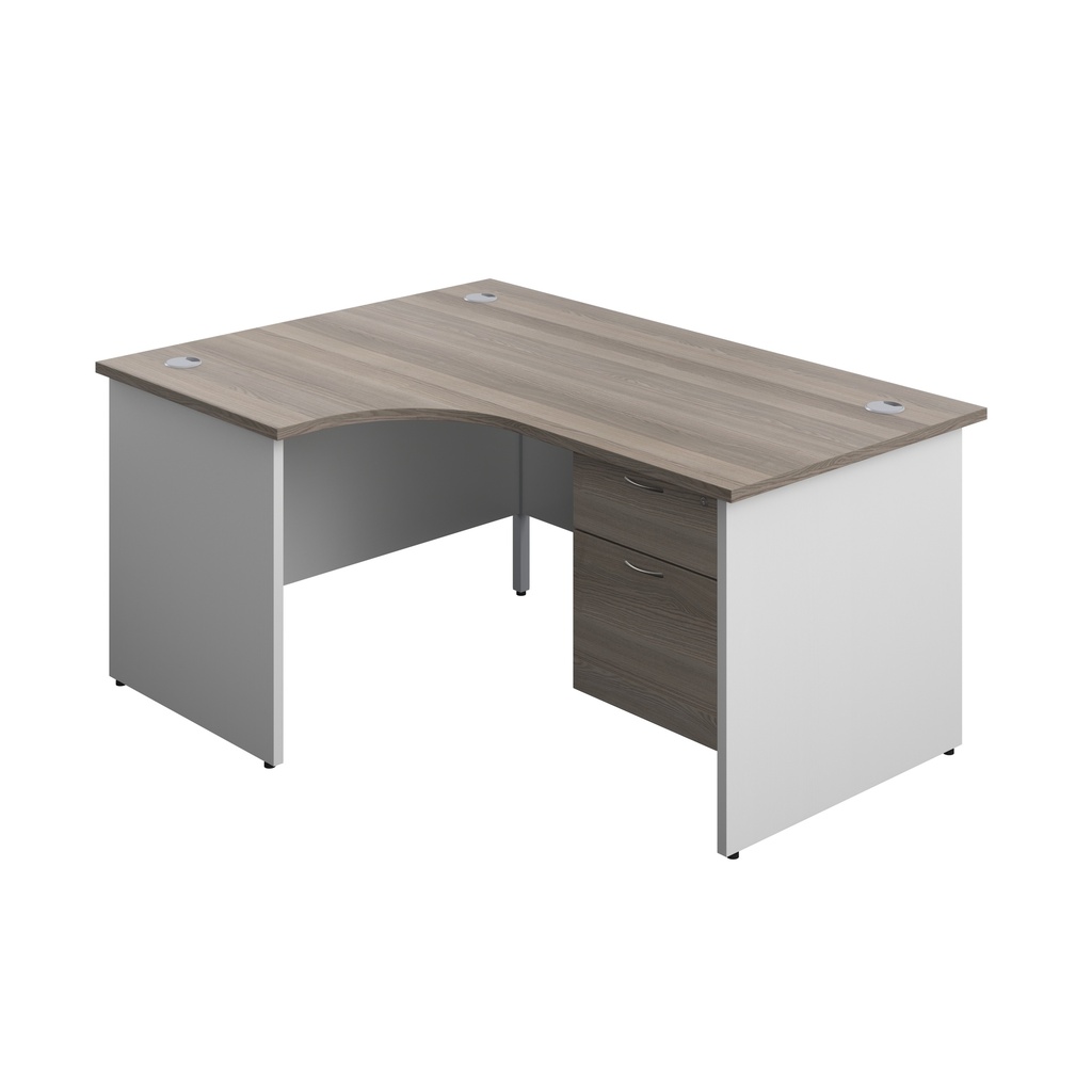 Panel Plus Left Radial Desk + 2 Drawer Fixed Pedestal Bundle (FSC) | 1600X1200 | Grey Oak/White | 