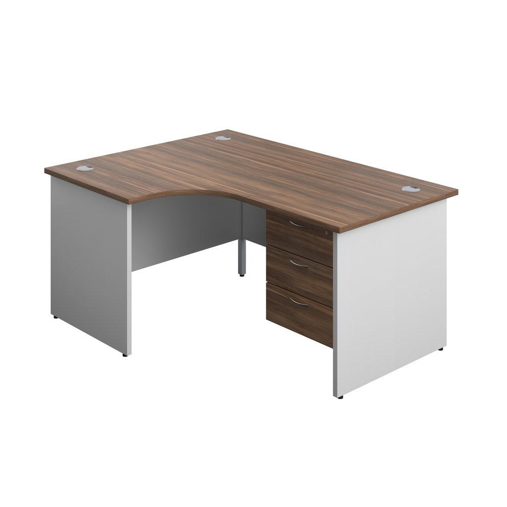 Panel Plus Left Radial Desk + 3 Drawer Fixed Pedestal Bundle (FSC) | 1600X1200 | Dark Walnut/White | 