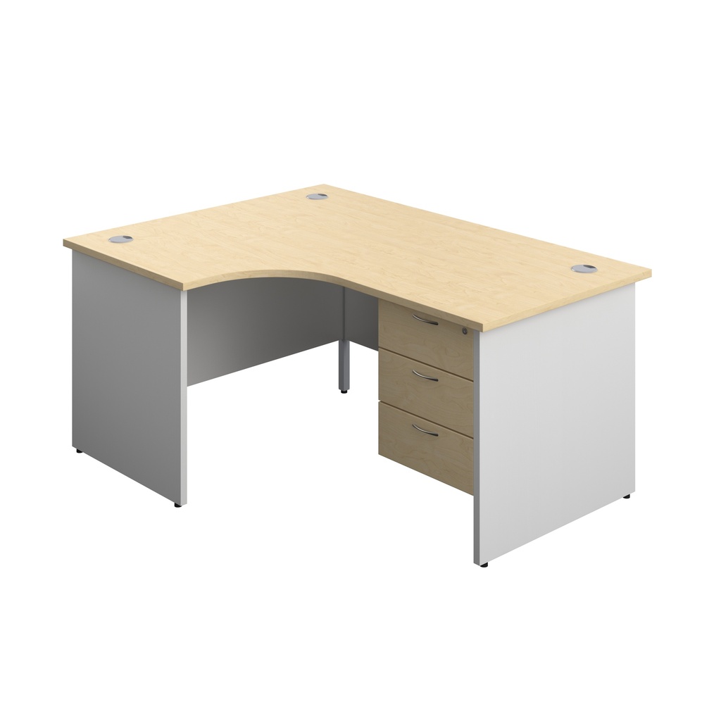 Panel Plus Left Radial Desk + 3 Drawer Fixed Pedestal Bundle (FSC) | 1600X1200 | Maple/White | 