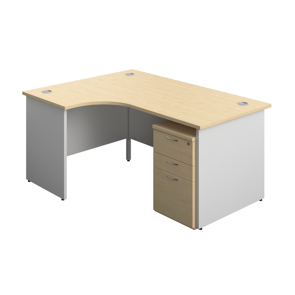 Panel Plus Left Radial Desk + 3 Drawer High Mobile Pedestal Bundle (FSC) | 1600X1200 | Maple/White | 