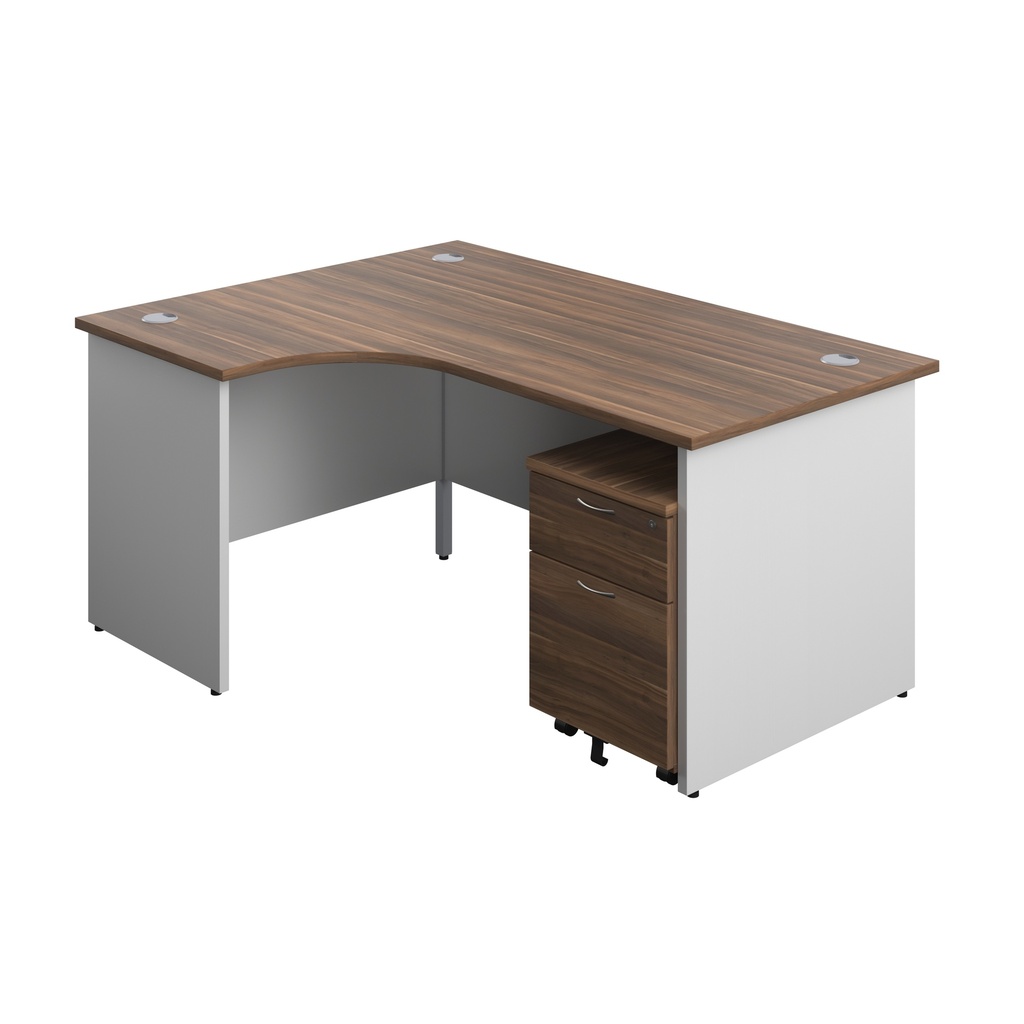 Panel Plus Left Radial Desk + 2 Drawer Mobile Pedestal Bundle (FSC) | 1600X1200 | Dark Walnut/White | 