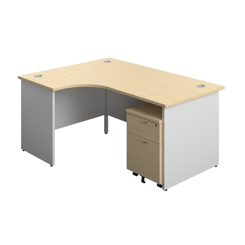 Panel Plus Left Radial Desk + 2 Drawer Mobile Pedestal Bundle (FSC) | 1600X1200 | Maple/White | 