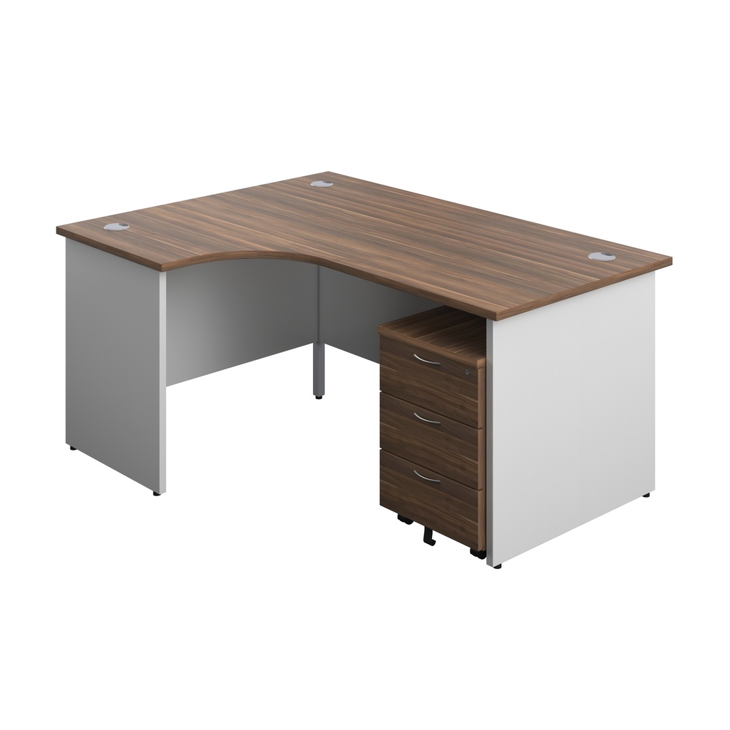 Panel Plus Left Radial Desk + 3 Drawer Mobile Pedestal Bundle (FSC) | 1600X1200 | Dark Walnut/White | 