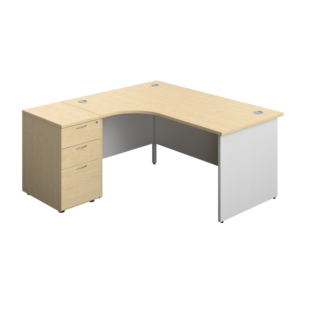 Panel Plus Left Radial Desk + Matching 3 Drawer Desk High Pedestal Bundle (FSC) | 600 Pedestal | 1600X1200 | Maple/White