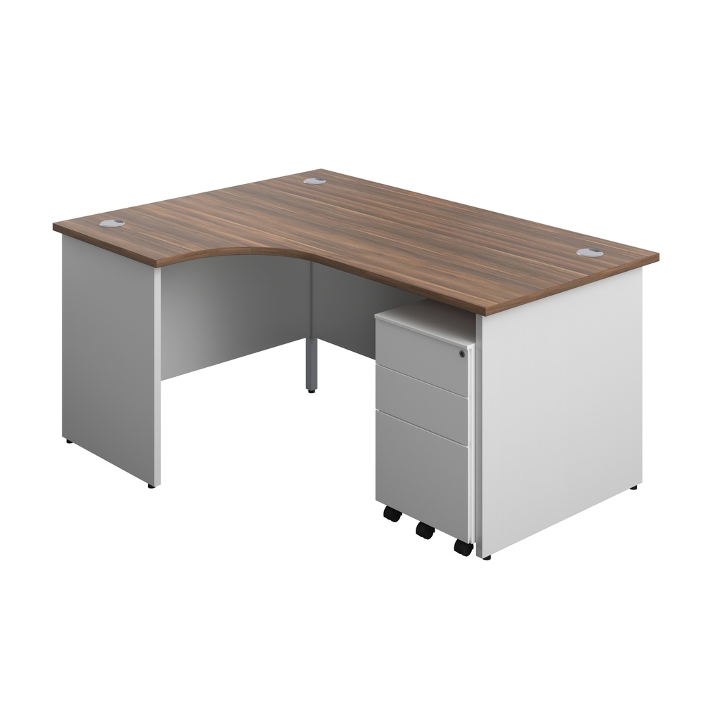 Panel Plus Left Radial Desk + 3 Drawer Steel Mobile Pedestal Bundle (FSC) | 1600X1200 | Dark Walnut/White | 