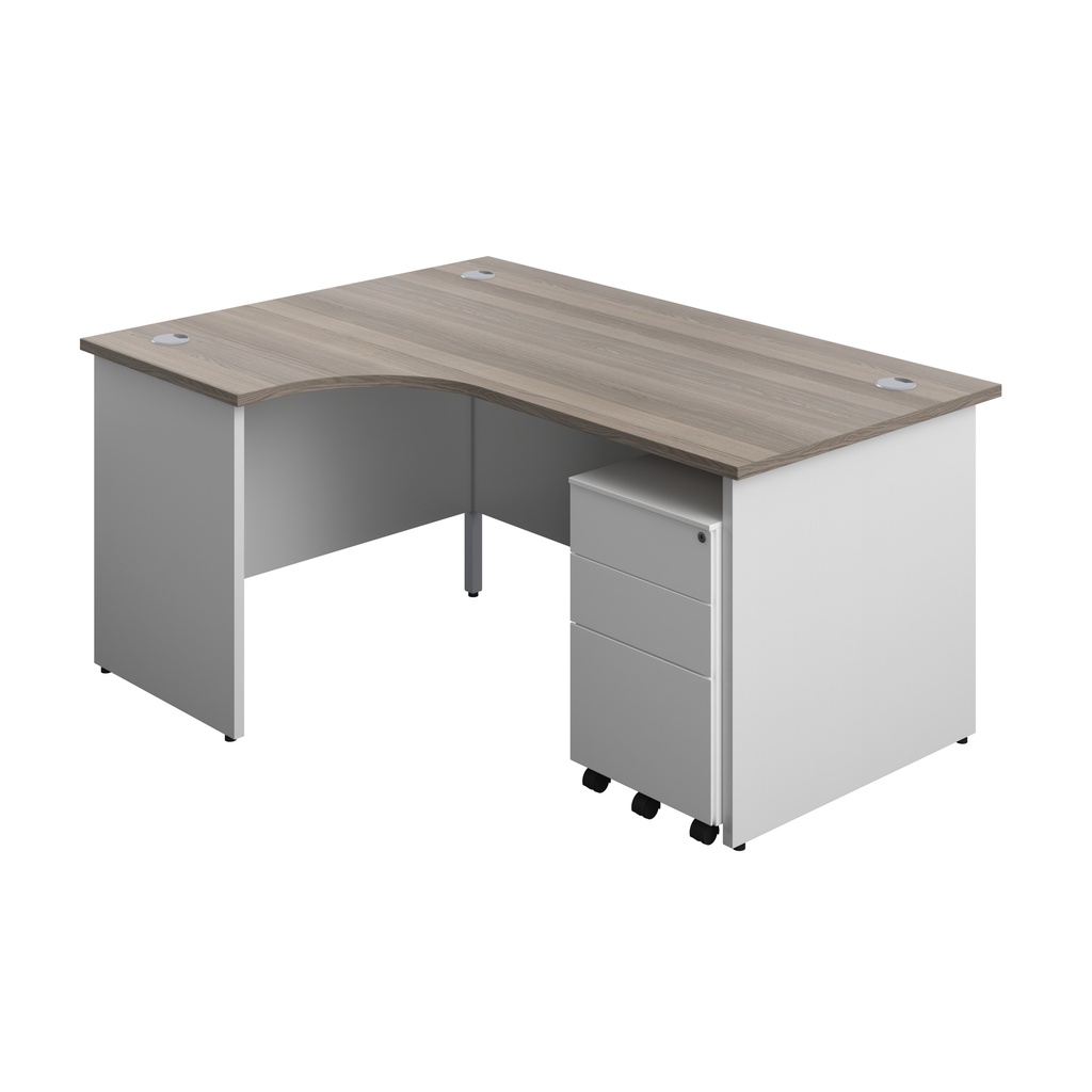 Panel Plus Left Radial Desk + 3 Drawer Steel Mobile Pedestal Bundle (FSC) | 1600X1200 | Grey Oak/White | 