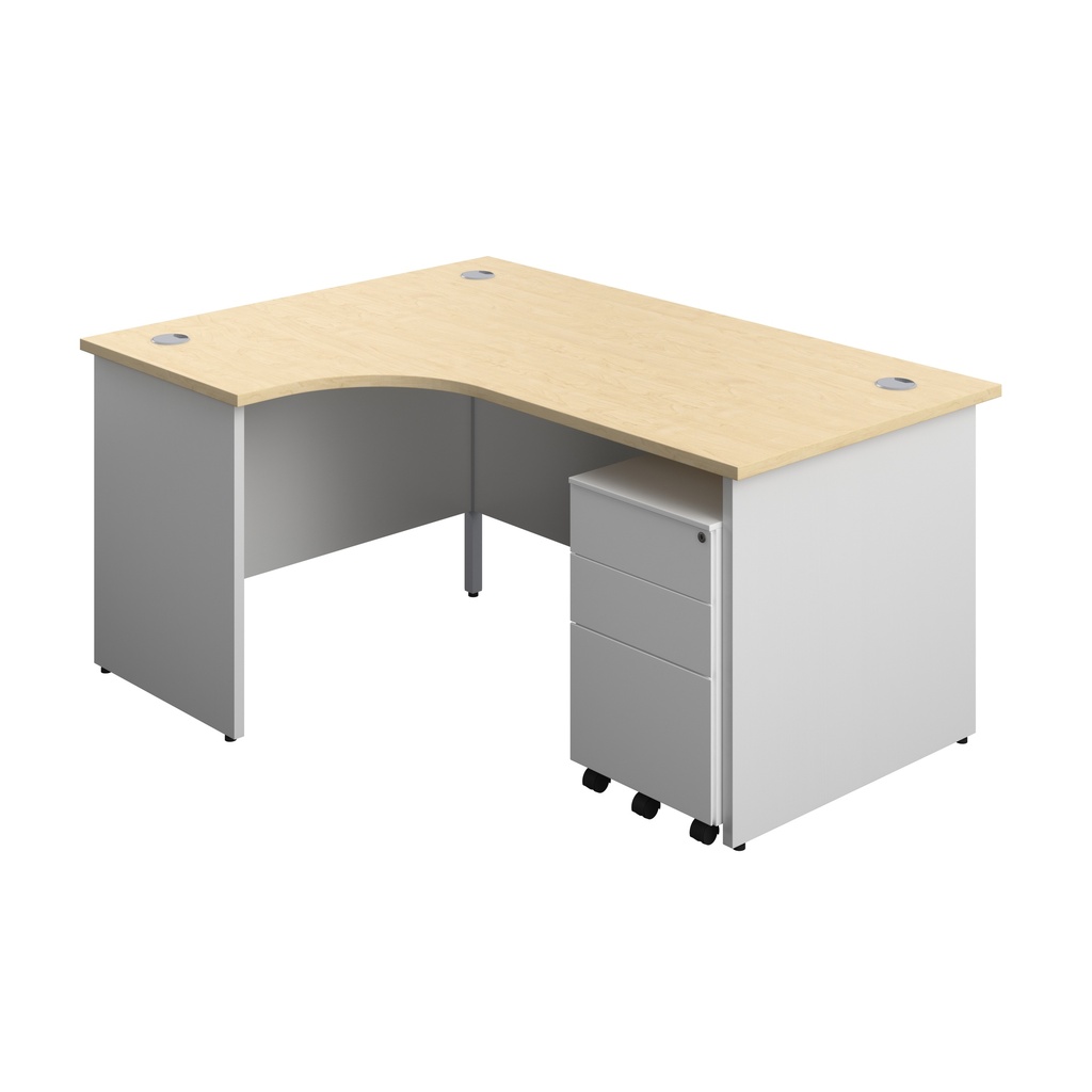 Panel Plus Left Radial Desk + 3 Drawer Steel Mobile Pedestal Bundle (FSC) | 1600X1200 | Maple/White | 