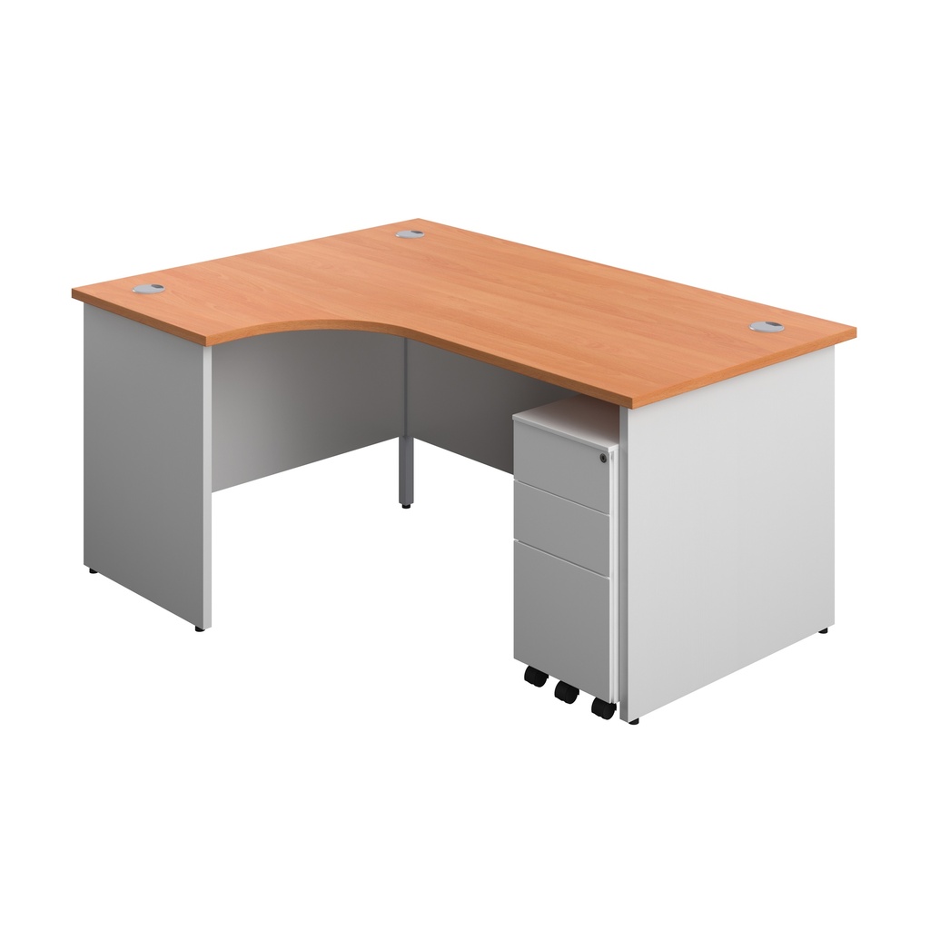 Panel Plus Left Radial Desk + 3 Drawer White Slimline Steel Mobile Pedestal Bundle (FSC) | 1600X1200 | Beech/White | 