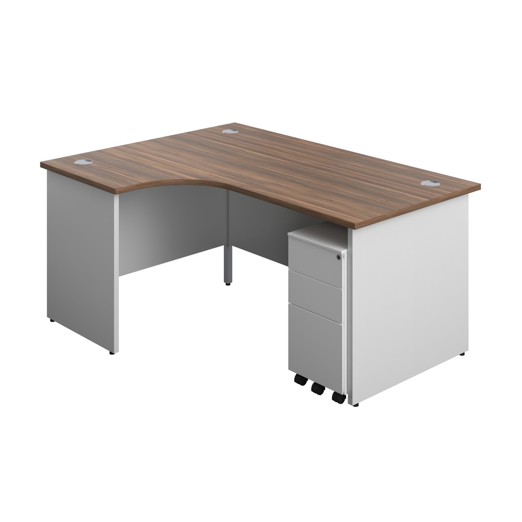Panel Plus Left Radial Desk + 3 Drawer White Slimline Steel Mobile Pedestal Bundle (FSC) | 1600X1200 | Dark Walnut/White | 
