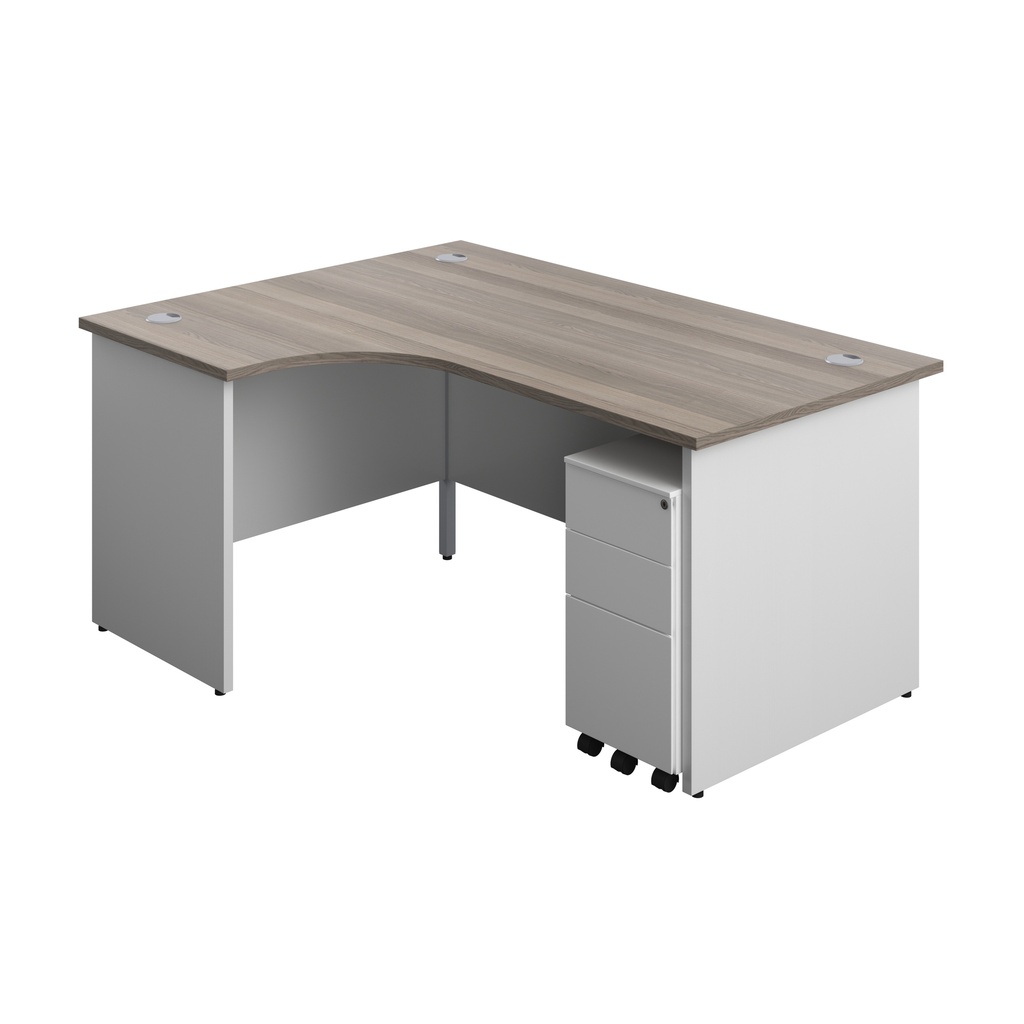 Panel Plus Left Radial Desk + 3 Drawer White Slimline Steel Mobile Pedestal Bundle (FSC) | 1600X1200 | Grey Oak/White | 