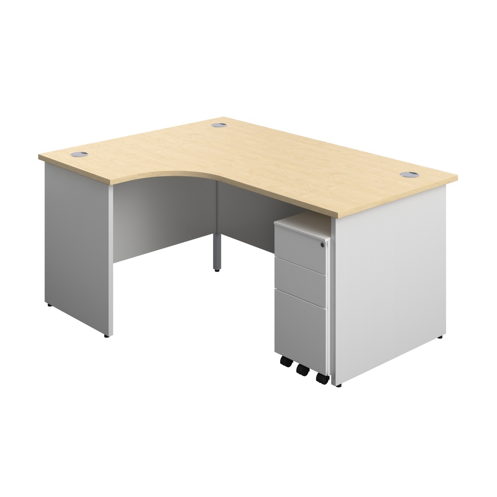 Panel Plus Left Radial Desk + 3 Drawer White Slimline Steel Mobile Pedestal Bundle (FSC) | 1600X1200 | Maple/White | 