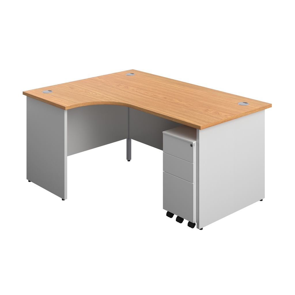 Panel Plus Left Radial Desk + 3 Drawer White Slimline Steel Mobile Pedestal Bundle (FSC) | 1600X1200 | Nova Oak/White | 