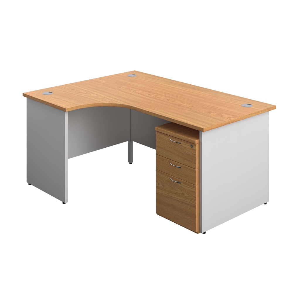 Panel Plus Left Radial Desk + 3 Drawer Under Desk Pedestal Bundle (FSC) | 1600X1200 | Nova Oak/White | 