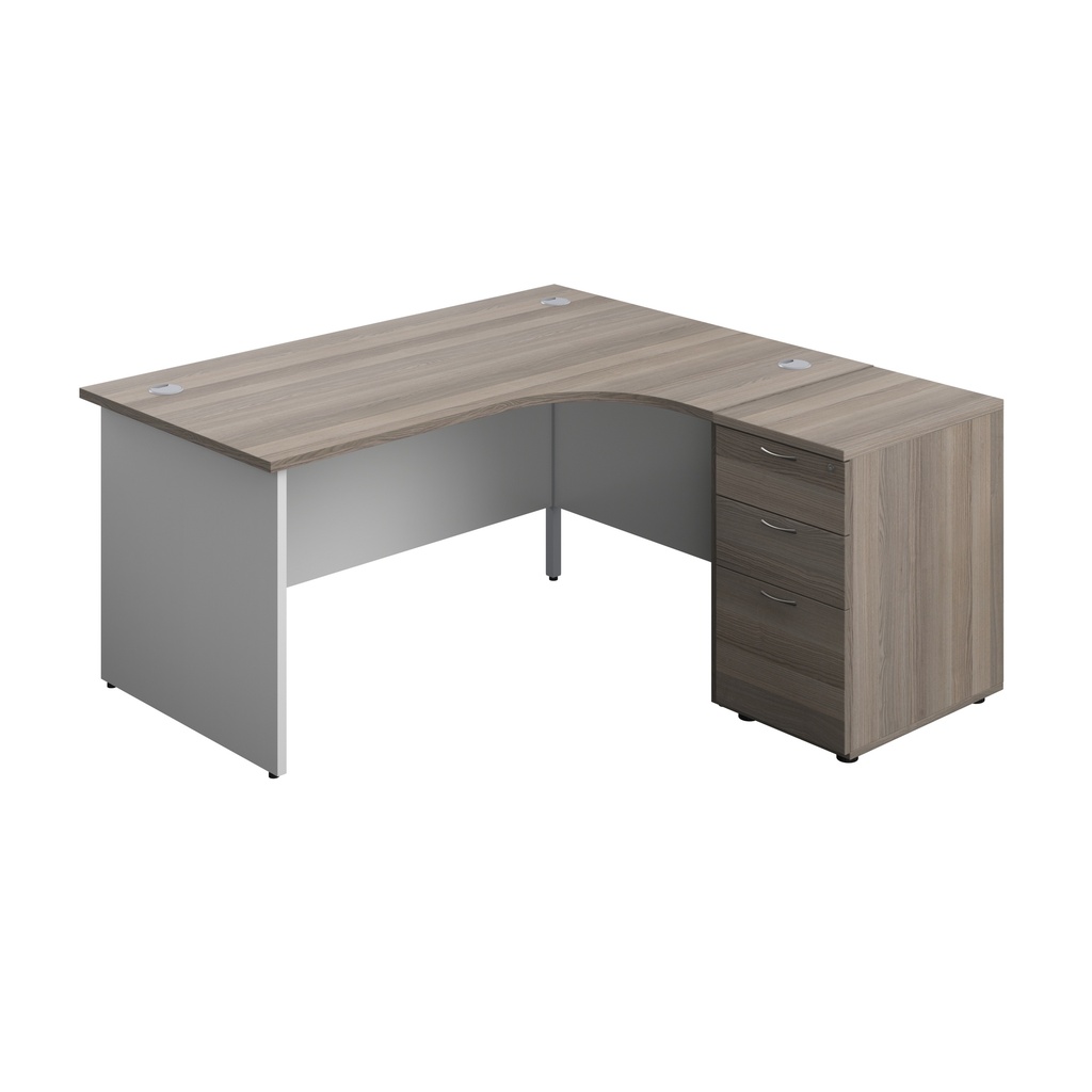 Panel Plus Right Radial Desk + Matching 3 Drawer Desk High Pedestal Bundle (FSC) | 600 Pedestal | 1600X1200 | Grey Oak/White