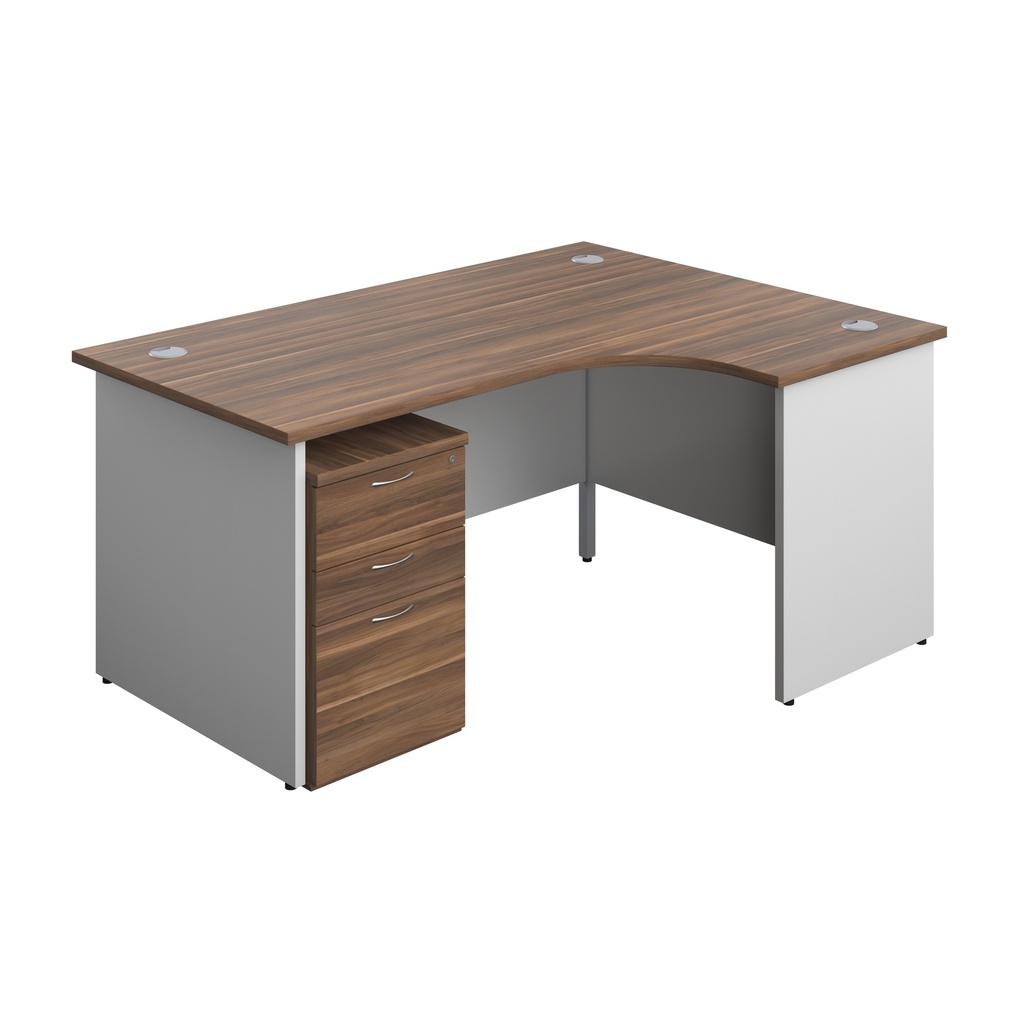 Panel Plus Right Radial Desk + 3 Drawer High Mobile Pedestal Bundle (FSC) | 1600X1200 | Dark Walnut/White | 