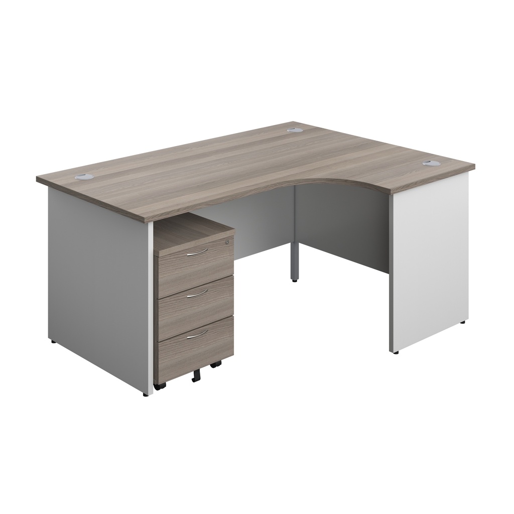 Panel Plus Right Radial Desk + 3 Drawer Mobile Pedestal Bundle (FSC) | 1600X1200 | Grey Oak/White | 
