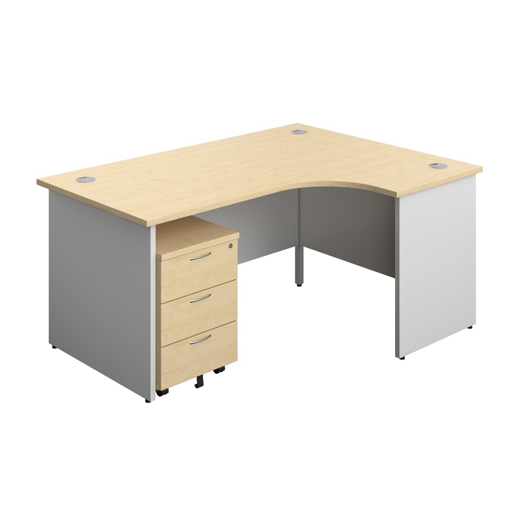 Panel Plus Right Radial Desk + 3 Drawer Mobile Pedestal Bundle (FSC) | 1600X1200 | Maple/White | 