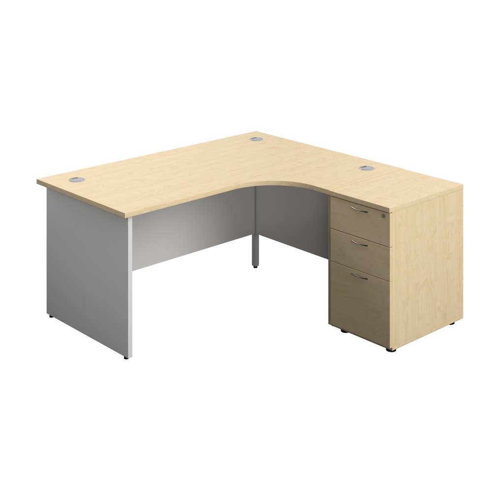 Panel Plus Right Radial Desk + Matching 3 Drawer Desk High Pedestal Bundle (FSC) | 600 Pedestal | 1600X1200 | Maple/White