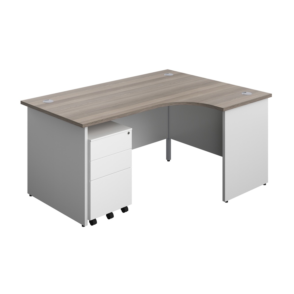 Panel Plus Right Radial Desk + 3 Drawer Steel Mobile Pedestal Bundle (FSC) | 1600X1200 | Grey Oak/White | 