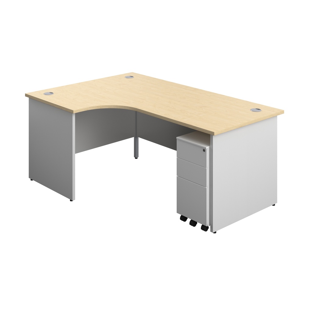 Panel Plus Left Radial Desk + 3 Drawer White Slimline Steel Mobile Pedestal Bundle (FSC) | 1800X1200 | Maple/White | 