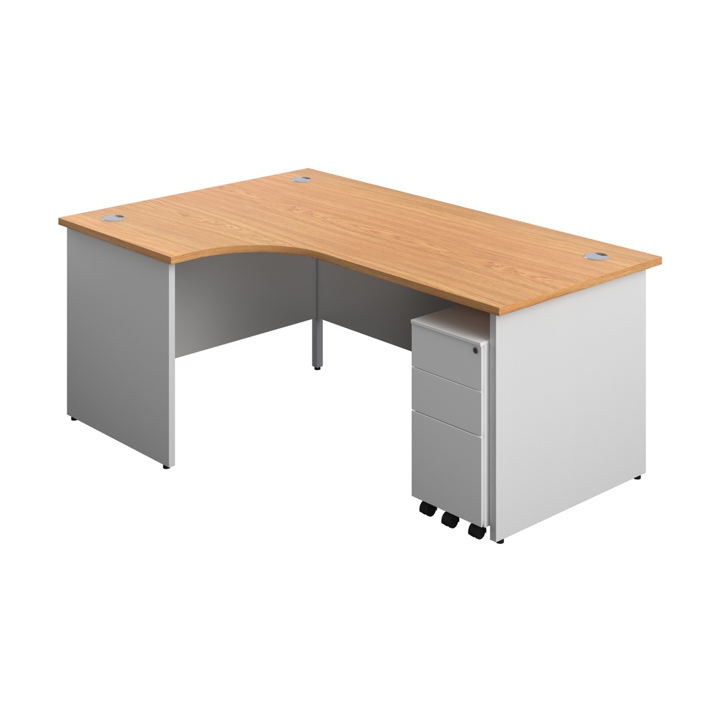 Panel Plus Left Radial Desk + 3 Drawer White Slimline Steel Mobile Pedestal Bundle (FSC) | 1800X1200 | Nova Oak/White | 