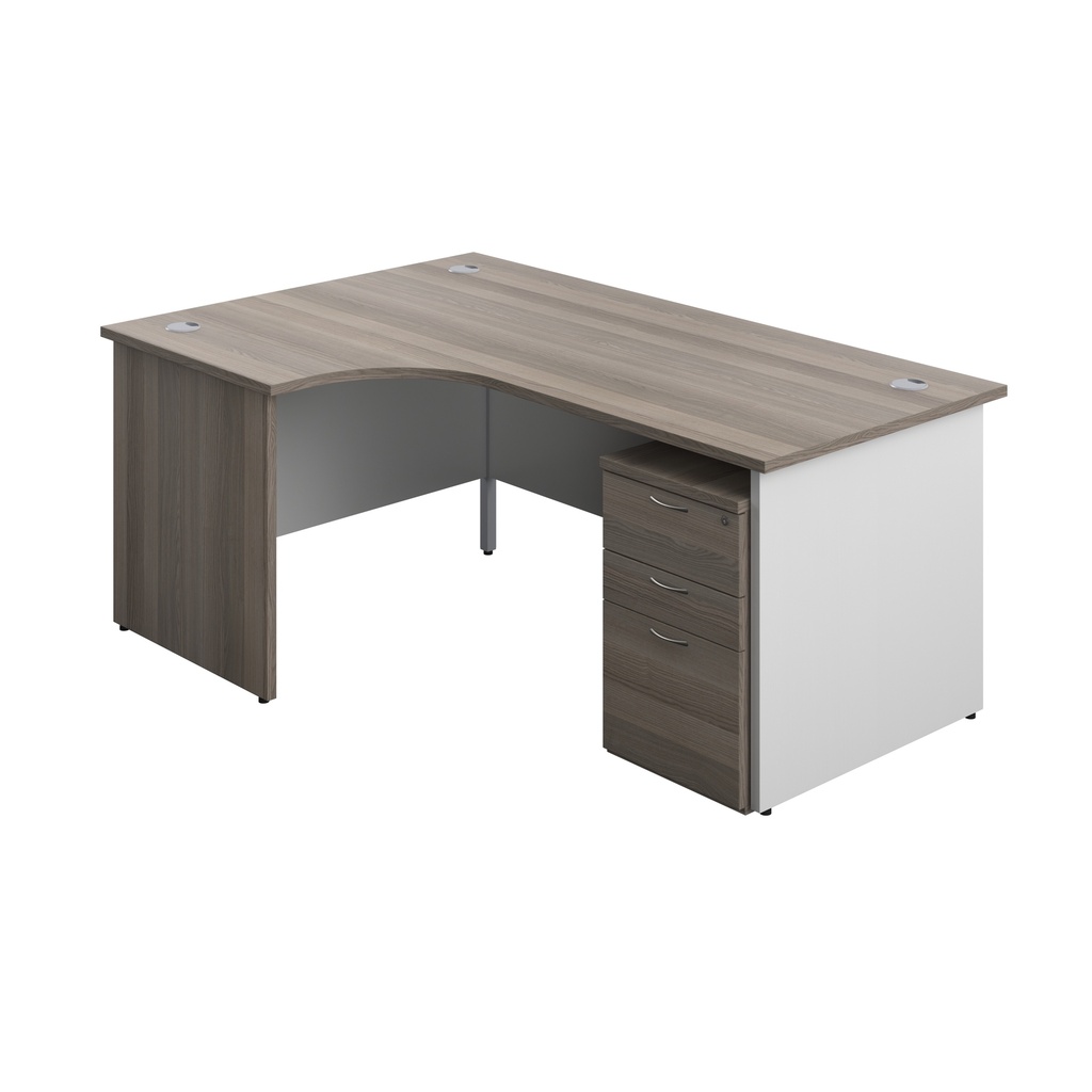 Panel Plus Left Radial Desk + 3 Drawer Under Desk Pedestal Bundle (FSC) | 1800X1200 | Grey Oak/White | 