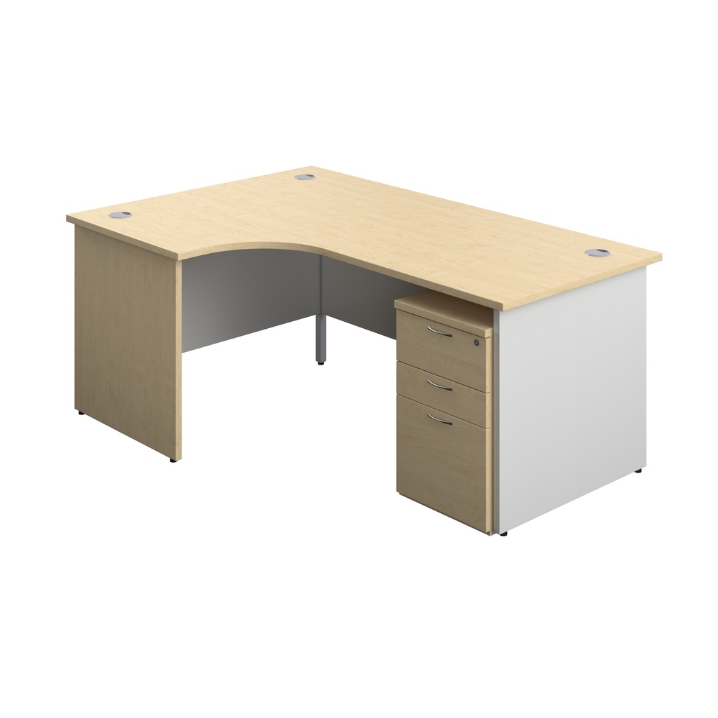 Panel Plus Left Radial Desk + 3 Drawer Under Desk Pedestal Bundle (FSC) | 1800X1200 | Maple/White | 