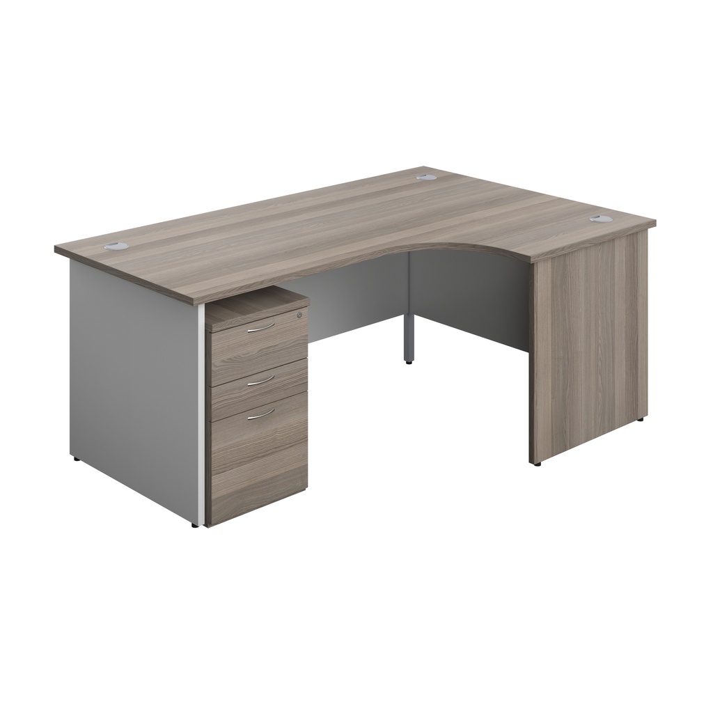 Panel Plus Right Radial Desk + 3 Drawer High Mobile Pedestal Bundle (FSC) | 1800X1200 | Grey Oak/White | 