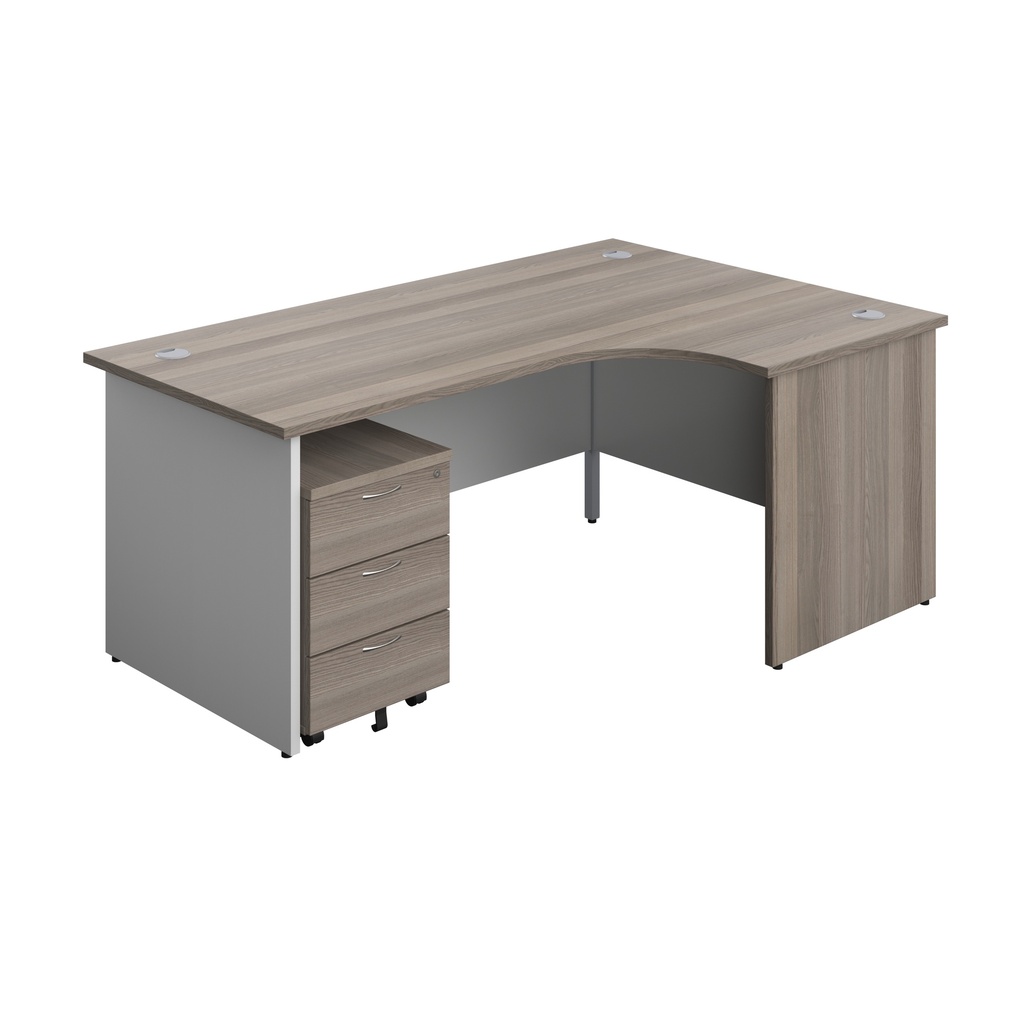 Panel Plus Right Radial Desk + 3 Drawer Mobile Pedestal Bundle (FSC) | 1800X1200 | Grey Oak/White | 