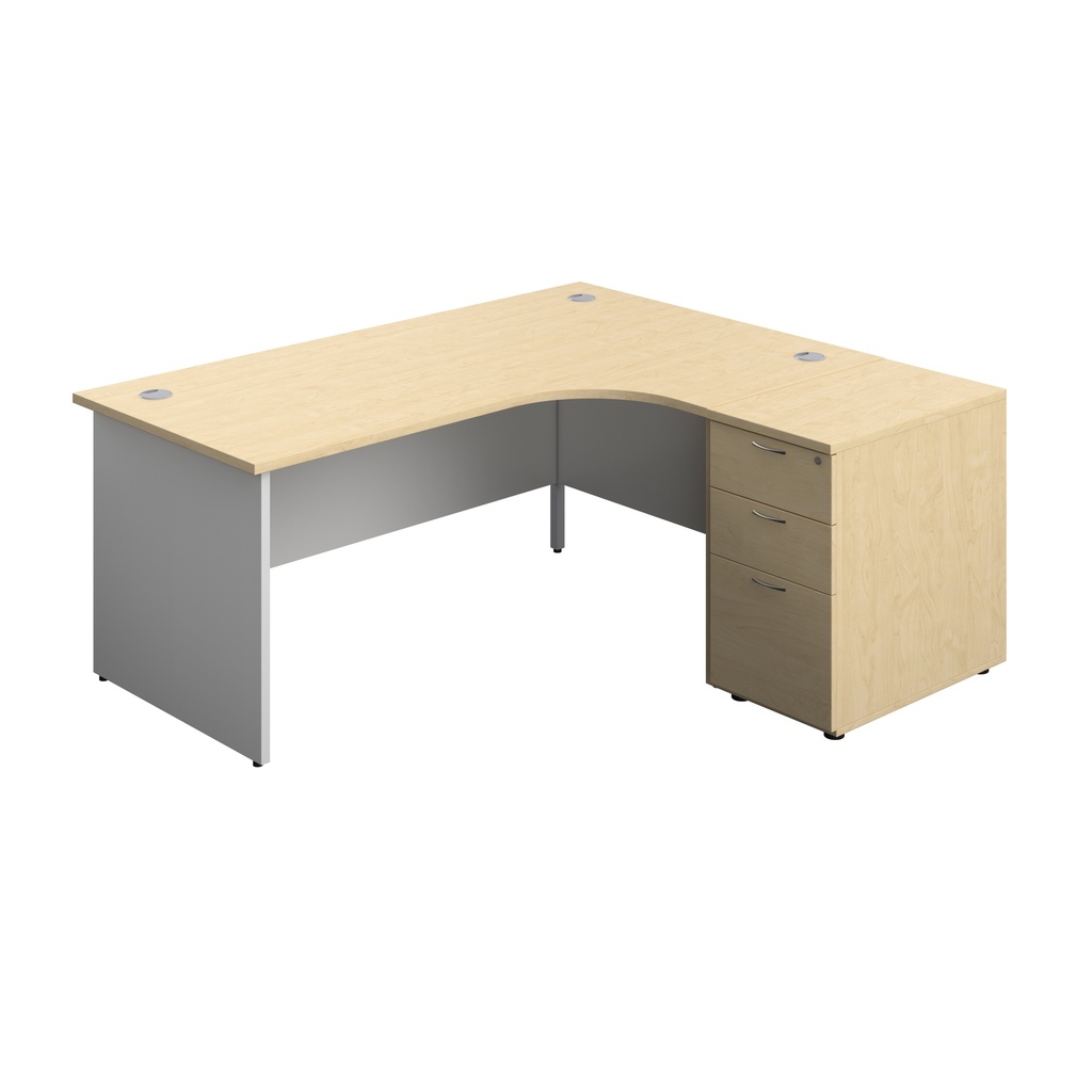 Panel Plus Right Radial Desk + Matching 3 Drawer Desk High Pedestal Bundle (FSC) | 600 Pedestal | 1800X1200 | Maple/White
