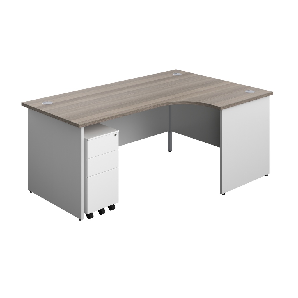 Panel Plus Right Radial Desk + 3 Drawer White Slimline Steel Mobile Pedestal Bundle (FSC) | 1800X1200 | Grey Oak/White | 