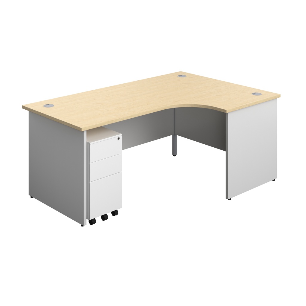 Panel Plus Right Radial Desk + 3 Drawer White Slimline Steel Mobile Pedestal Bundle (FSC) | 1800X1200 | Maple/White | 