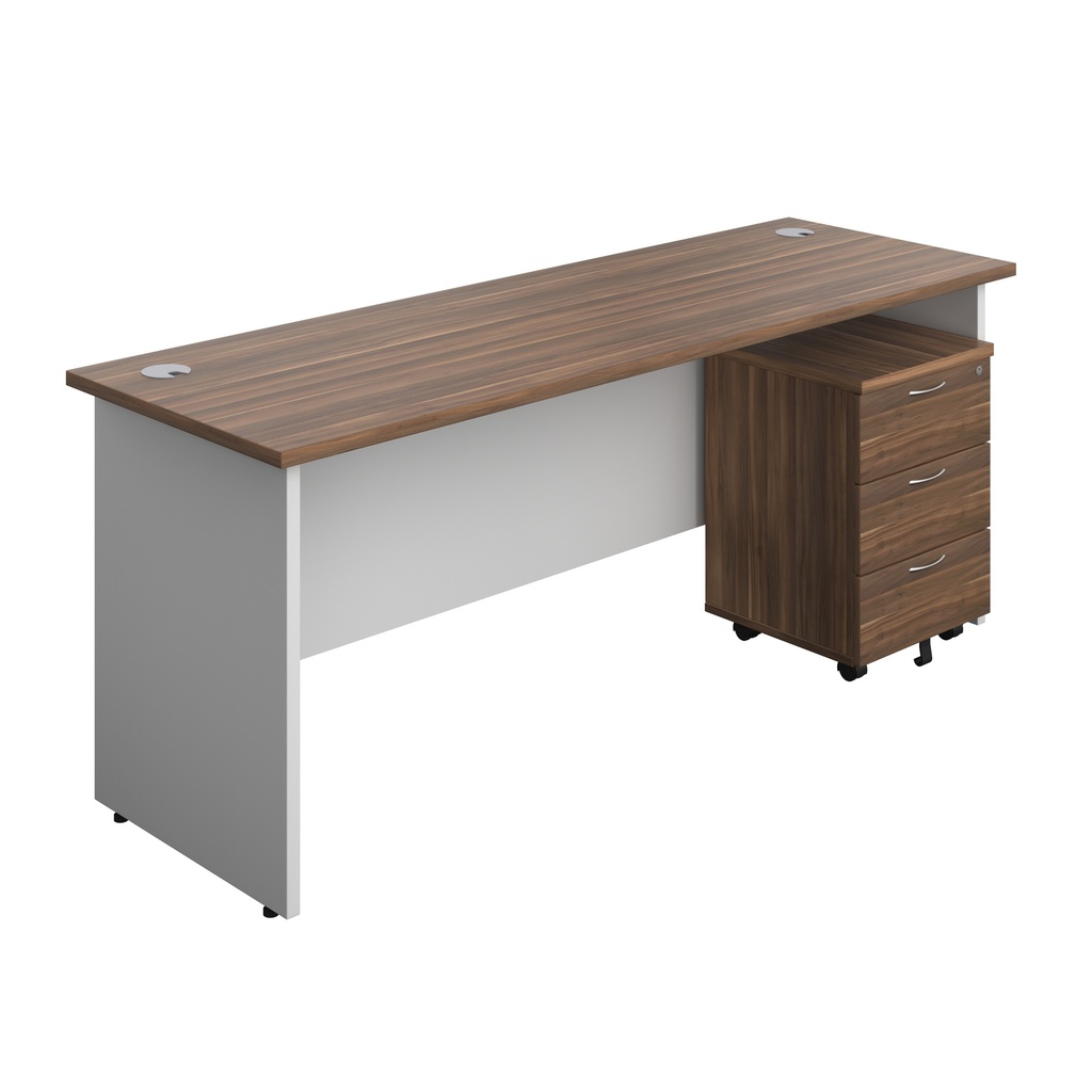 Panel Plus Rectangular Desk + 3 Drawer Mobile Pedestal Bundle (FSC) | 1800X600 | Dark Walnut/White | 