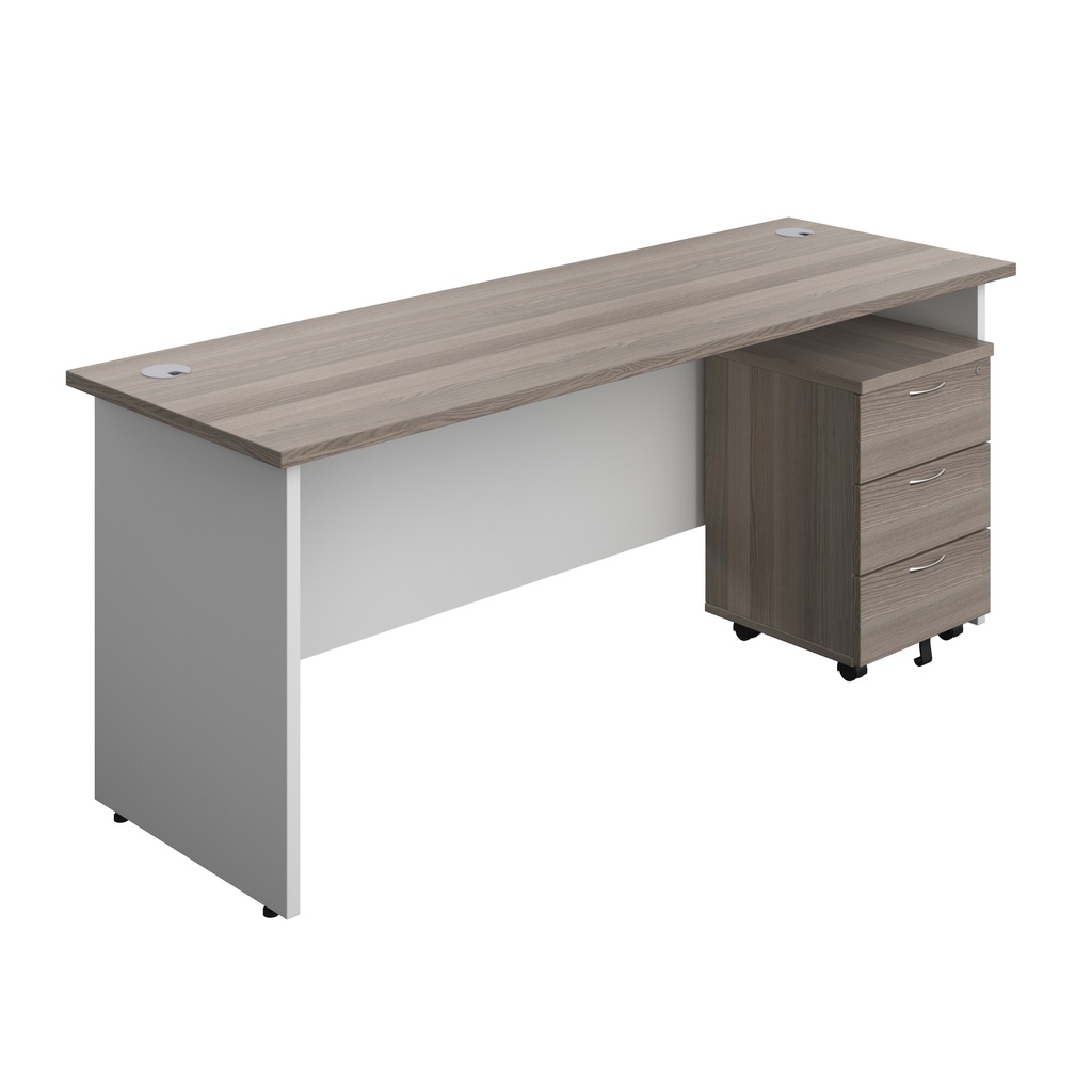 Panel Plus Rectangular Desk + 3 Drawer Mobile Pedestal Bundle (FSC) | 1800X600 | Grey Oak/White | 