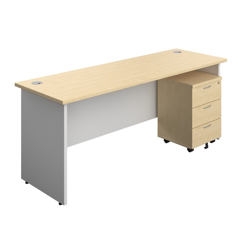 Panel Plus Rectangular Desk + 3 Drawer Mobile Pedestal Bundle (FSC) | 1800X600 | Maple/White | 