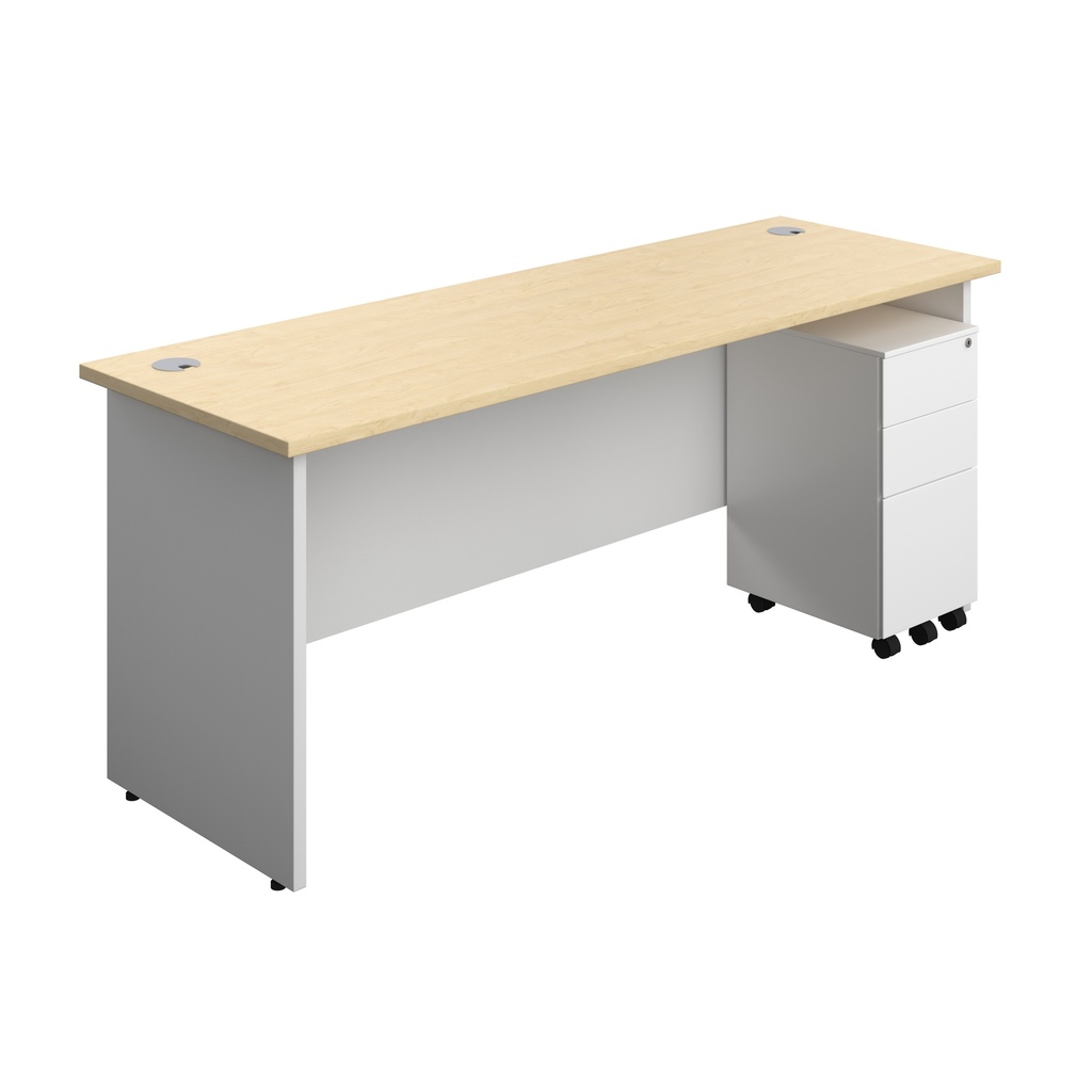 Panel Plus Rectangular Desk + 3 Drawer Slimline Steel Pedestal Bundle (FSC) | 1800X600 | Maple/White | 