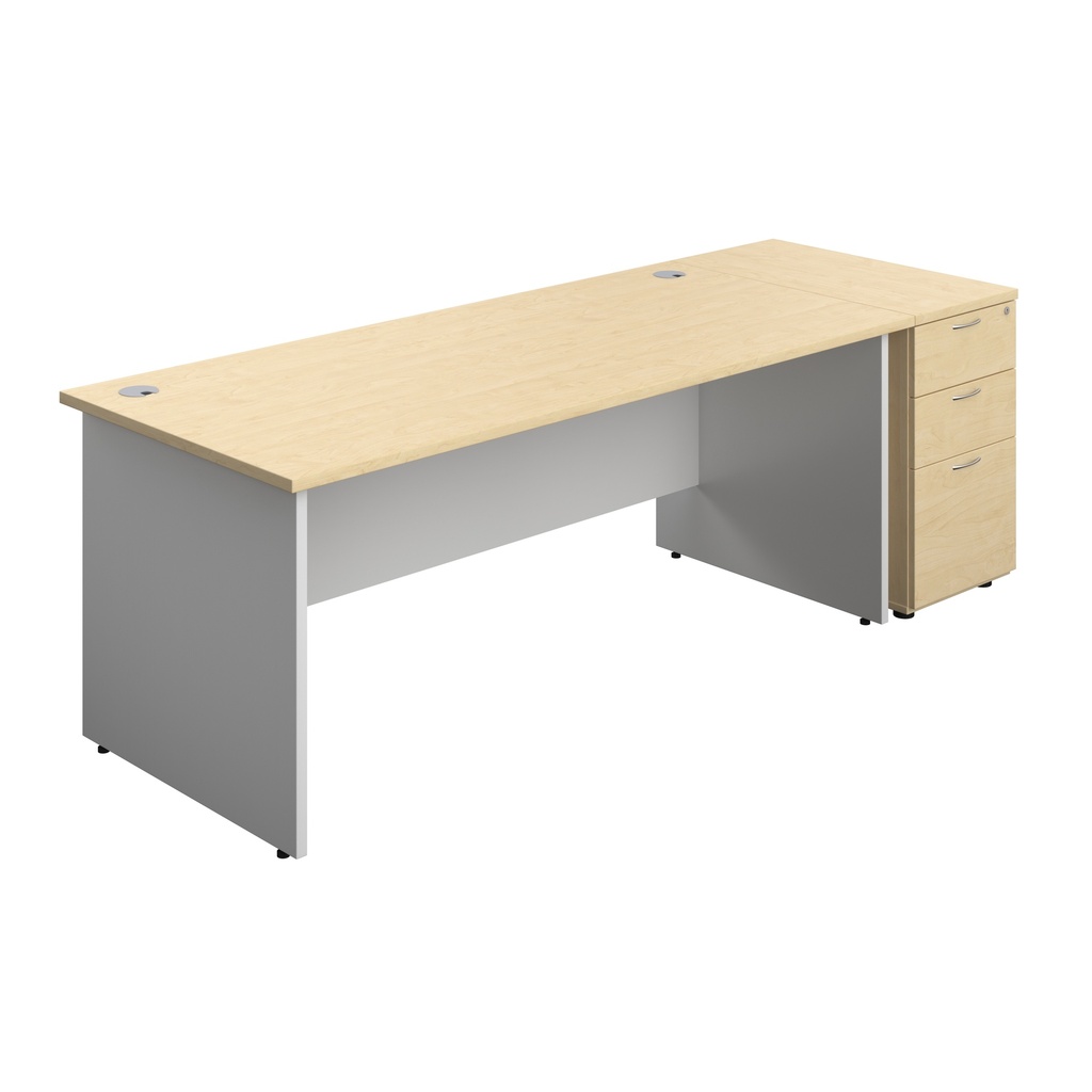 Panel Plus Rectangular Desk + Matching 3 Drawer Desk High Pedestal Bundle (FSC) | 800 Pedestal | 1800X800 | Maple/White