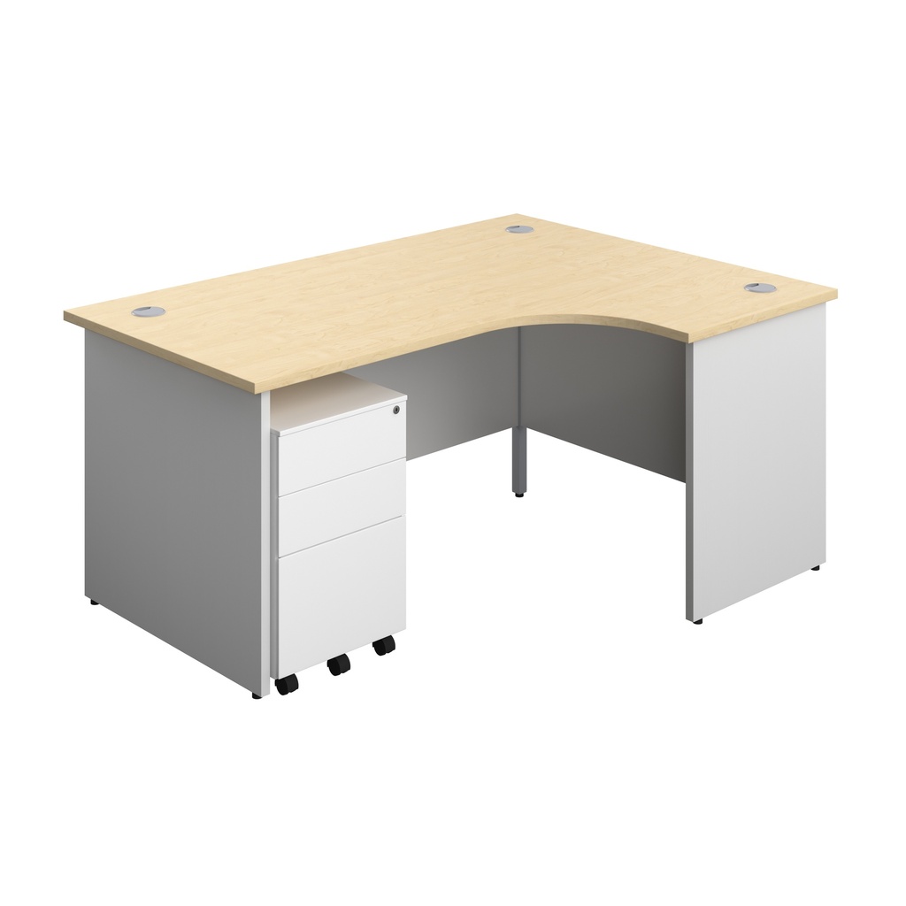 Panel Plus Right Radial Desk + 3 Drawer Steel Mobile Pedestal Bundle (FSC) | 1600X1200 | Maple/White | 