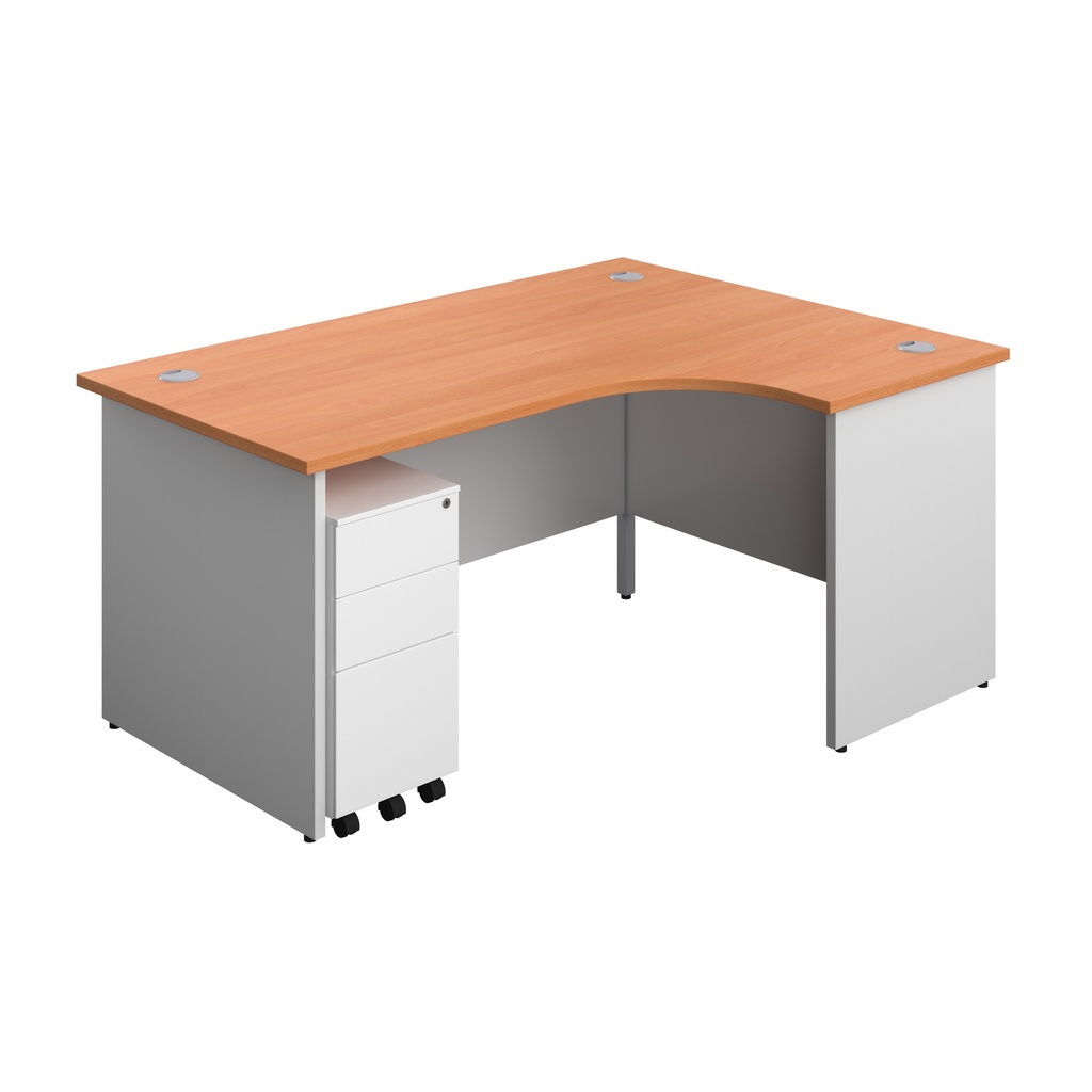 Panel Plus Right Radial Desk + 3 Drawer White Slimline Steel Mobile Pedestal Bundle (FSC) | 1600X1200 | Beech/White | 