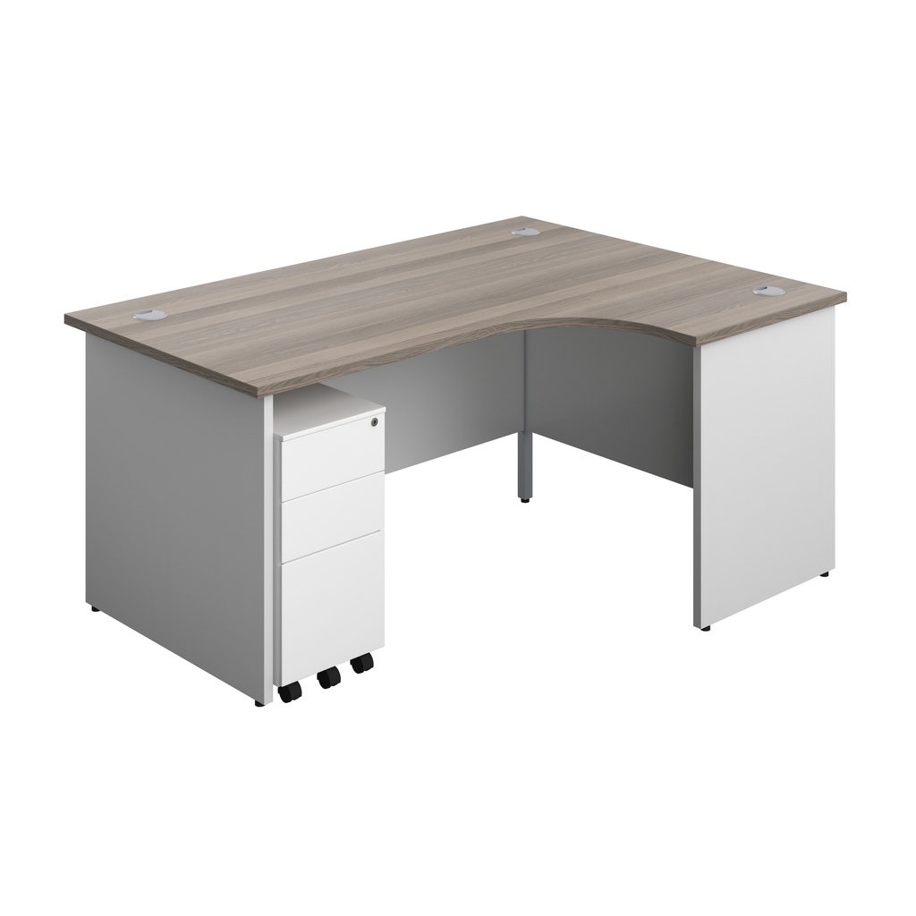 Panel Plus Right Radial Desk + 3 Drawer White Slimline Steel Mobile Pedestal Bundle (FSC) | 1600X1200 | Grey Oak/White | 