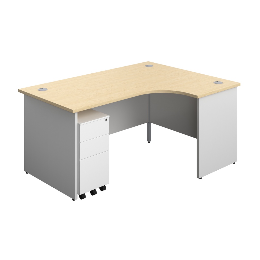 Panel Plus Right Radial Desk + 3 Drawer White Slimline Steel Mobile Pedestal Bundle (FSC) | 1600X1200 | Maple/White | 