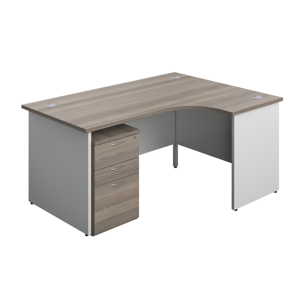 Panel Plus Right Radial Desk + 3 Drawer Under Desk Pedestal Bundle (FSC) | 1600X1200 | Grey Oak/White | 