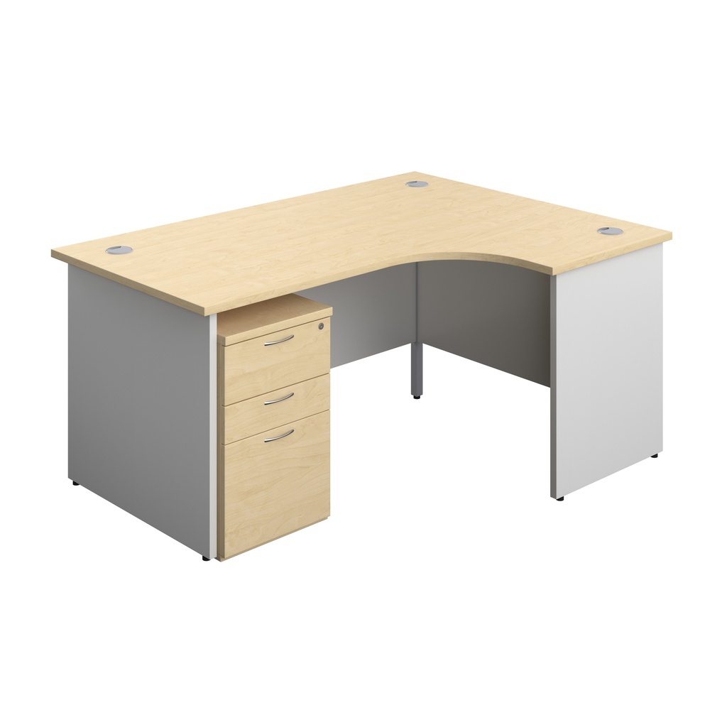 Panel Plus Right Radial Desk + 3 Drawer Under Desk Pedestal Bundle (FSC) | 1600X1200 | Maple/White | 