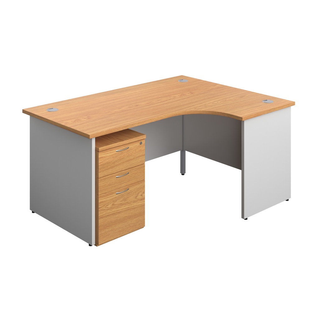 Panel Plus Right Radial Desk + 3 Drawer Under Desk Pedestal Bundle (FSC) | 1600X1200 | Nova Oak/White | 