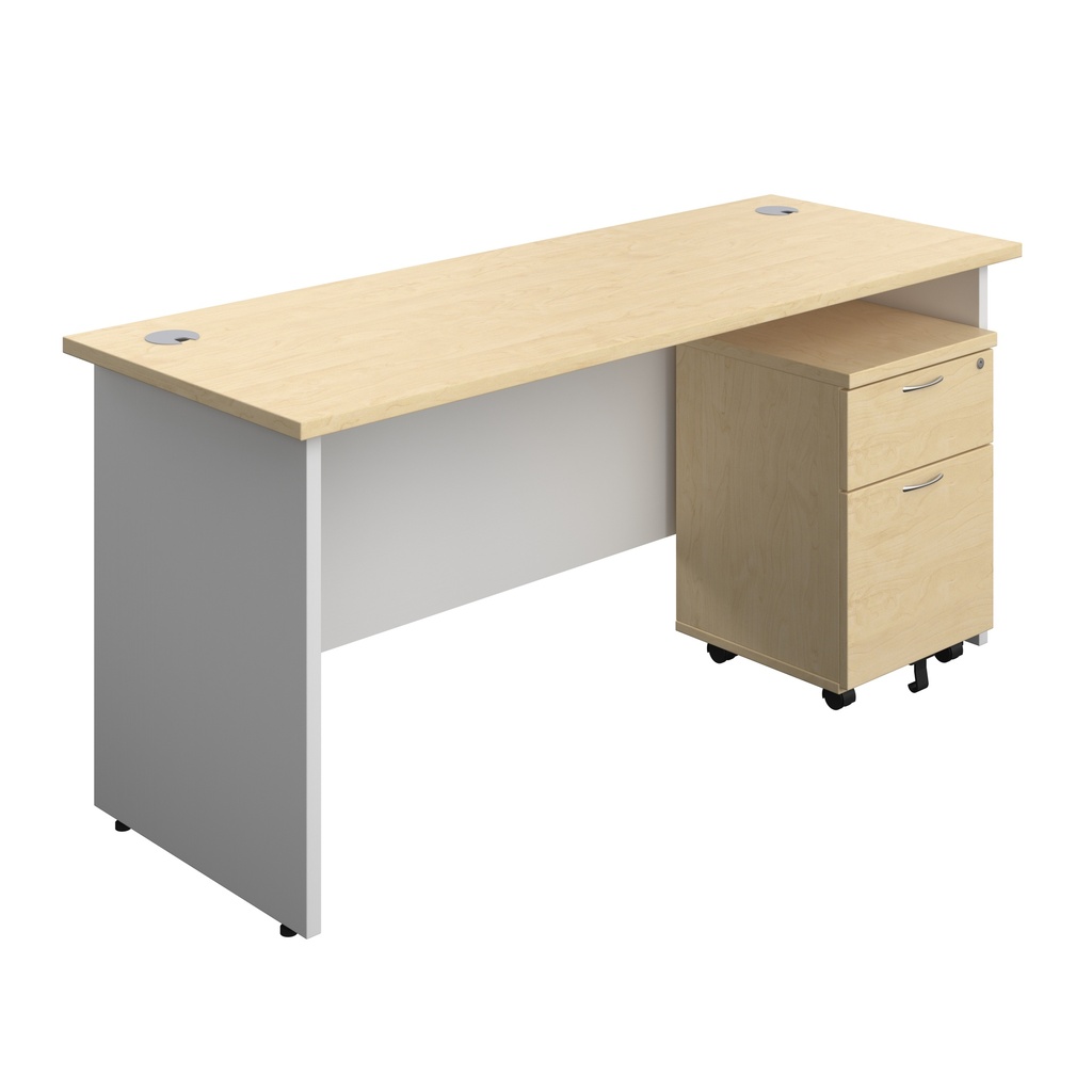 Panel Plus Rectangular Desk + 2 Drawer Mobile Pedestal Bundle (FSC) | 1600X600 | Maple/White | 