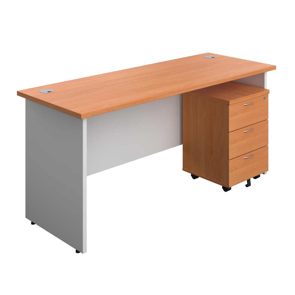 Panel Plus Rectangular Desk + 3 Drawer Mobile Pedestal Bundle (FSC) | 1600X600 | Beech/White | 